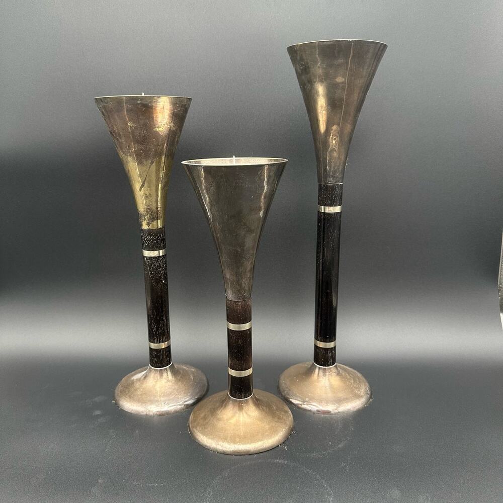 Vtg Tiered Pillar Candlesticks Distressed Black Wood Silverplate Base & Top S/3